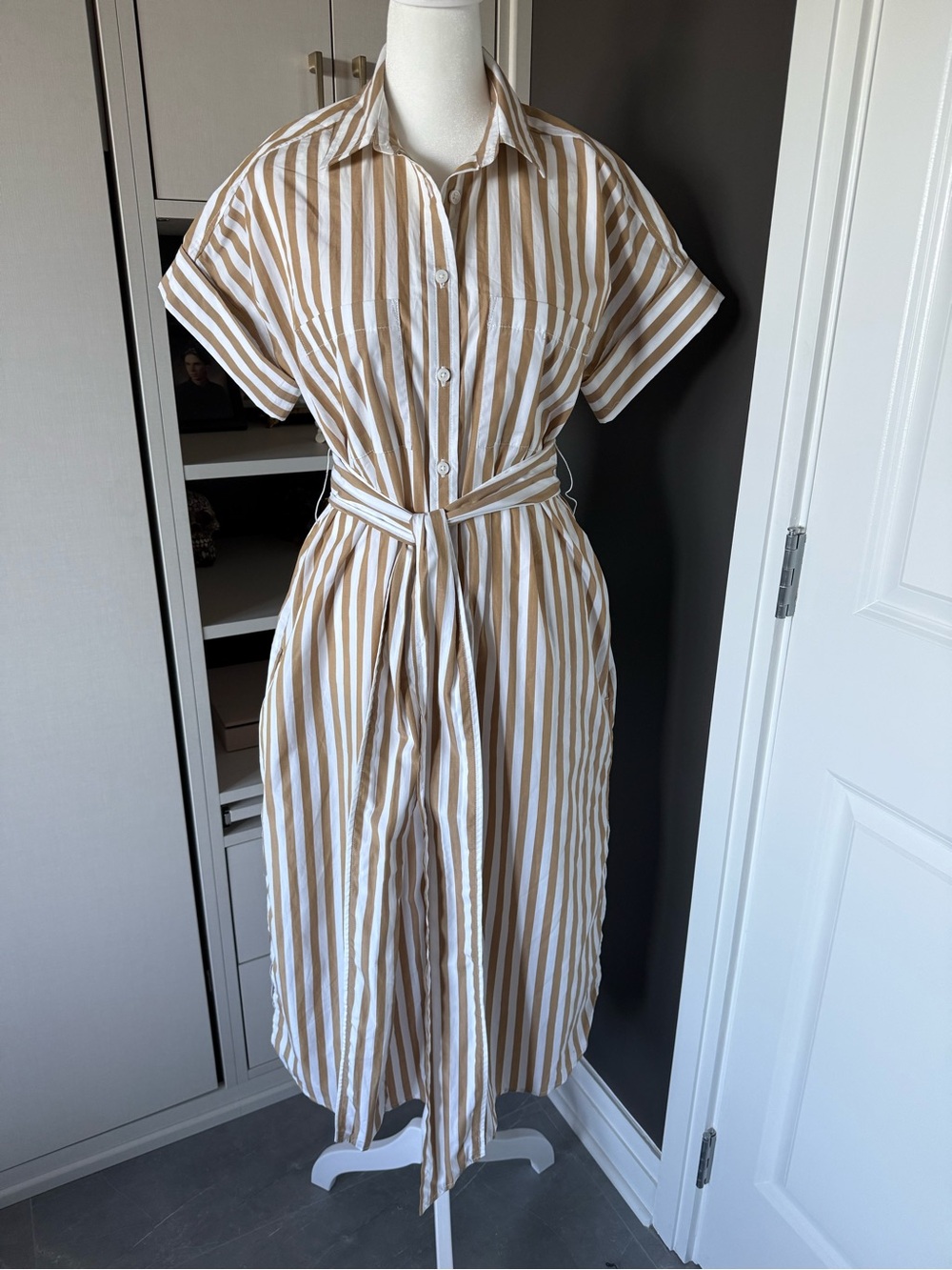 J. Crew Beige and White Striped Midi Shirt Dress with Tie Waist